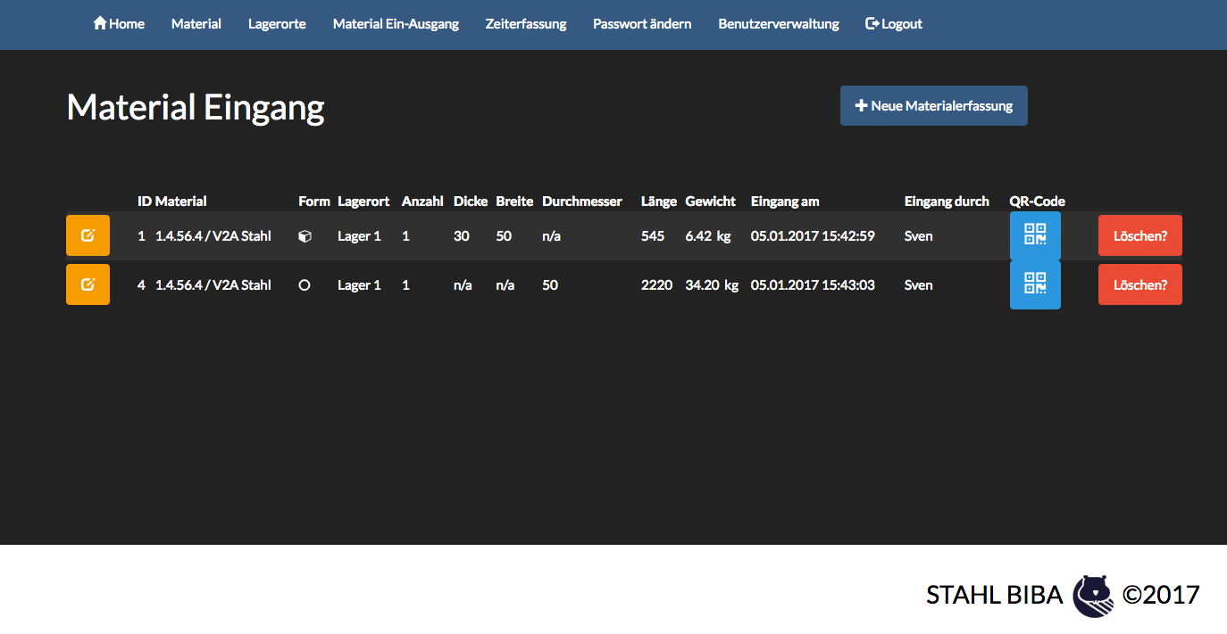 Stahlbiba Auftrags / Materialverwaltung und Zeiterfassung responive design