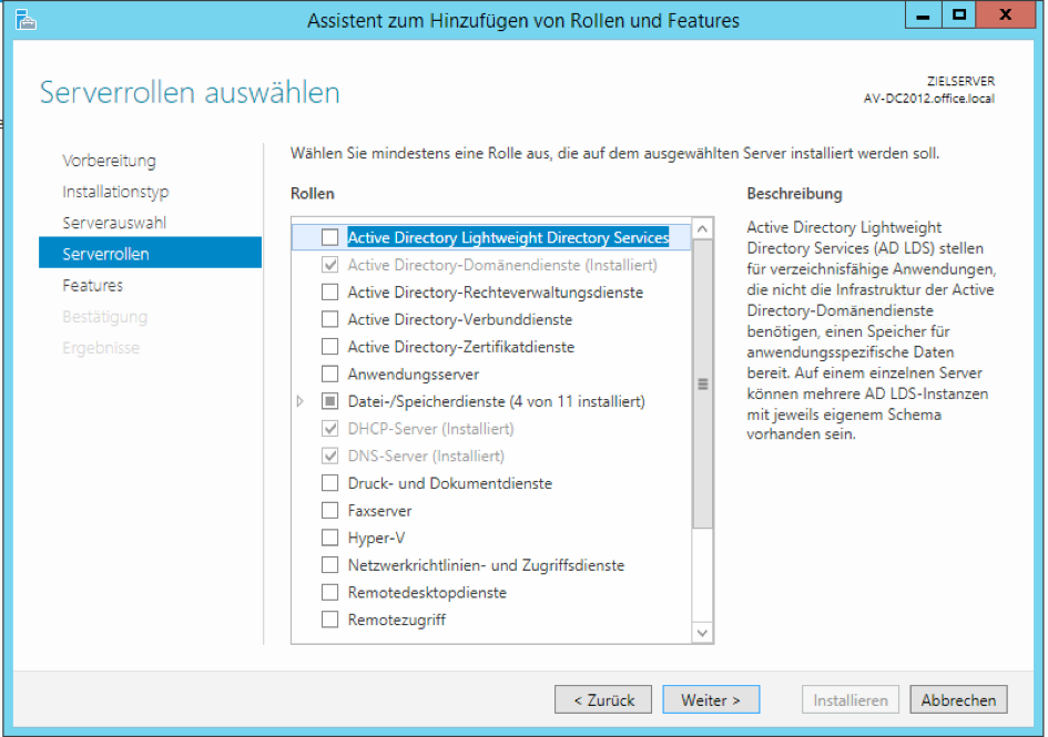 Start Installation der Dienste